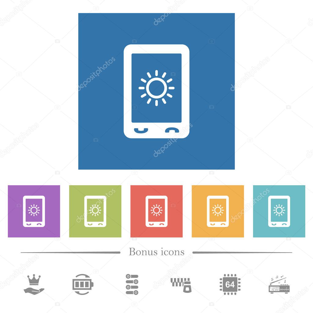 Mobile display brightness flat white icons in square backgrounds