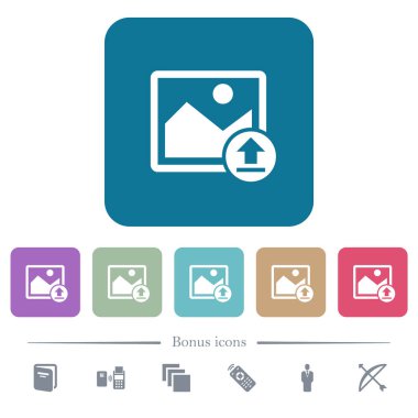 Yuvarlak renkli kare arka planlar üzerinde düz simgeler resim upload