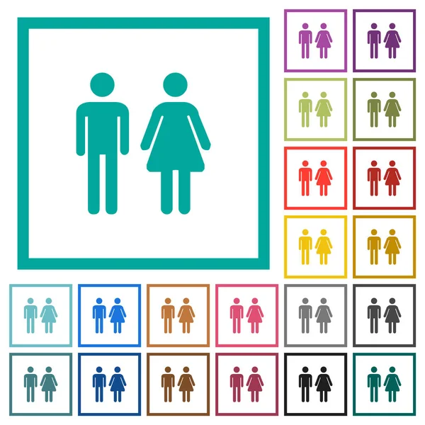 Signo masculino y femenino iconos de color plano con marcos cuadrantes — Vector de stock