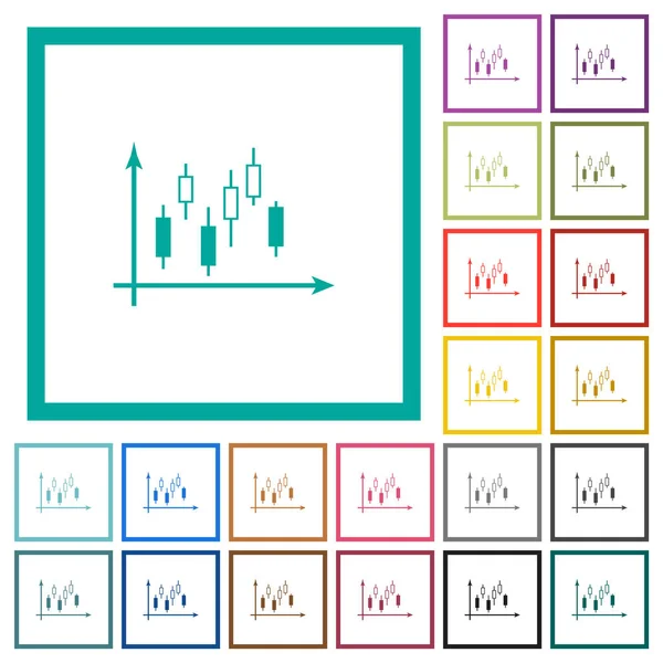 Gráfico de castiçal com eixos ícones de cor plana com quadros quadrantes —  Vetores de Stock