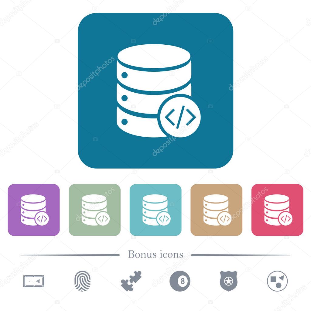 Database programming flat icons on color rounded square backgrounds