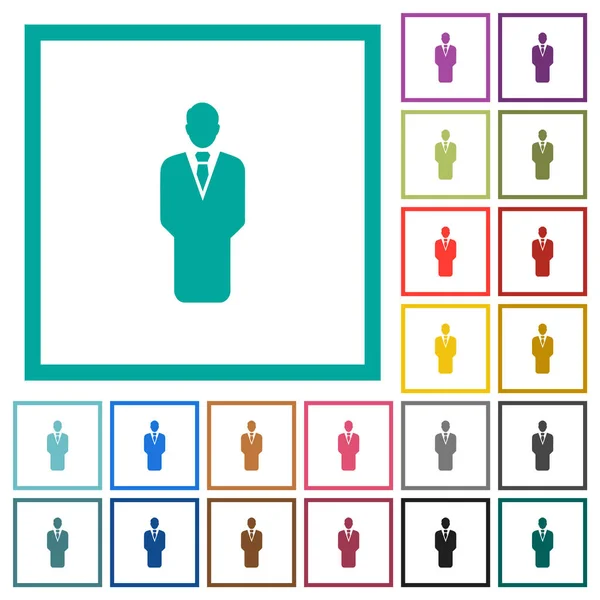 Silueta de hombre de negocios iconos de color plano con marcos de cuadrante — Vector de stock