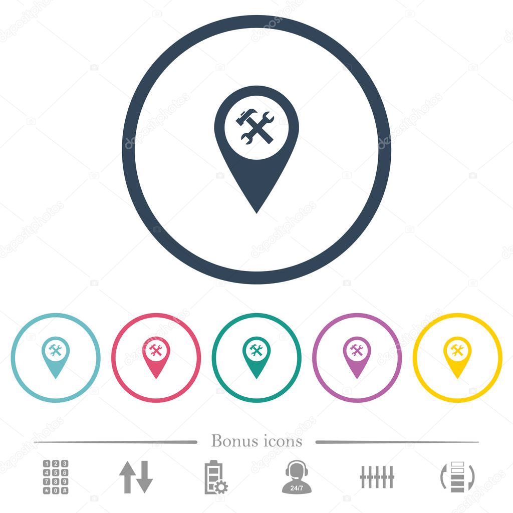 Workshop service GPS map location flat color icons in round outlines