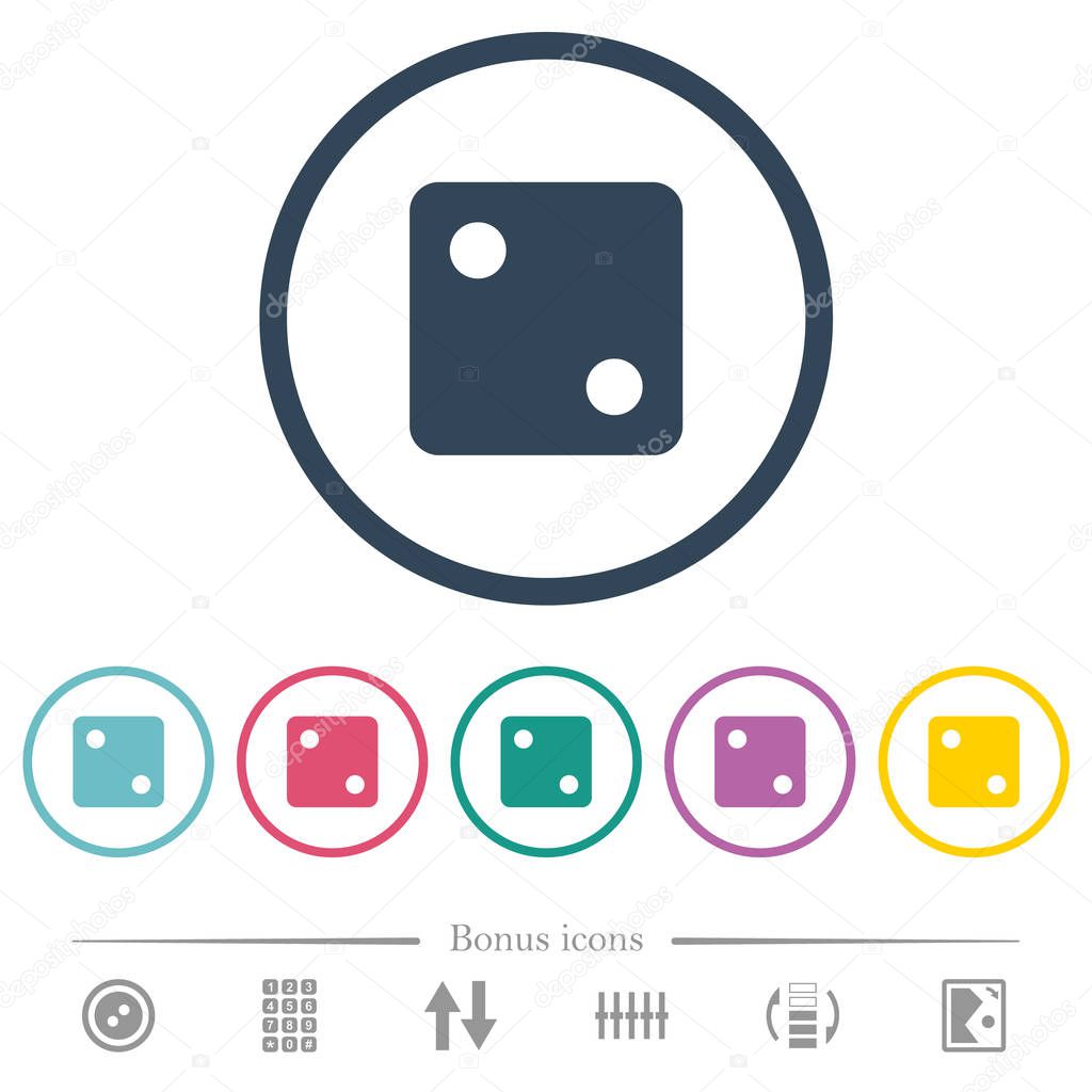 Dice two flat color icons in round outlines
