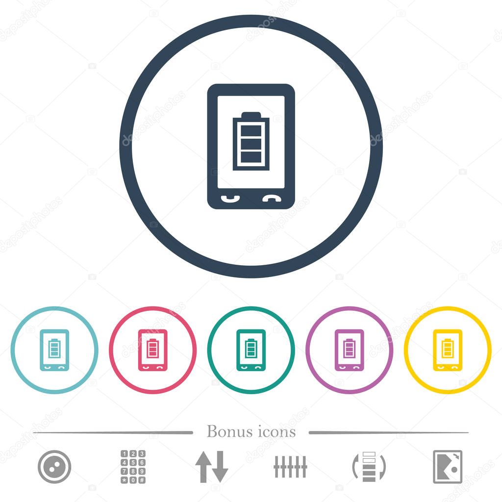 Mobile battery status flat color icons in round outlines