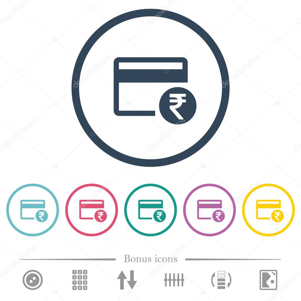 Rupee credit card flat color icons in round outlines
