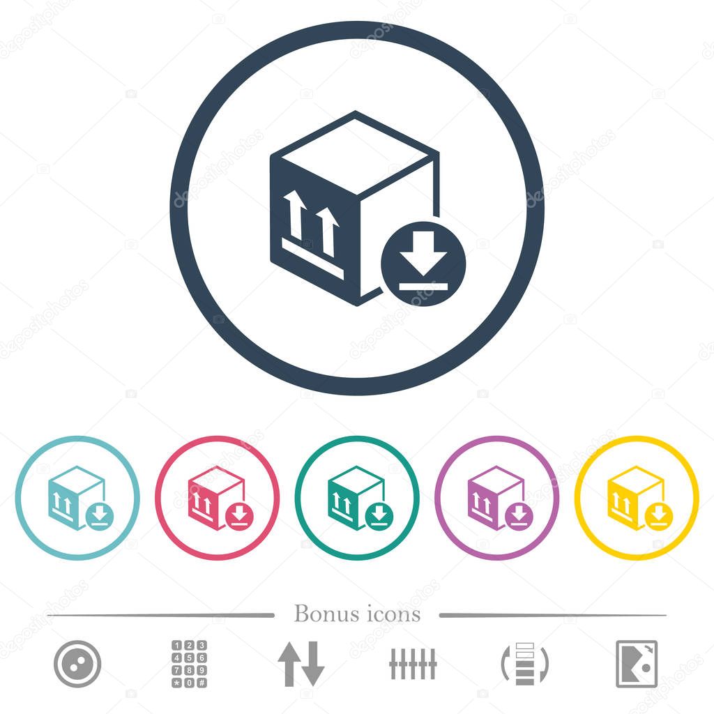 Package arrival flat color icons in round outlines