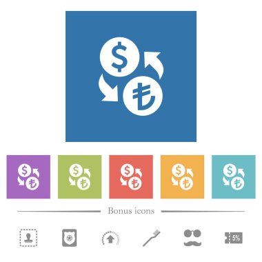 Dolar Lira para değişimi kare arka planda düz beyaz simgeler