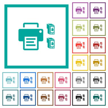 Yazıcı ve mürekkep kartuşları düz renk simgeleri ve çeyrek çerçeveler