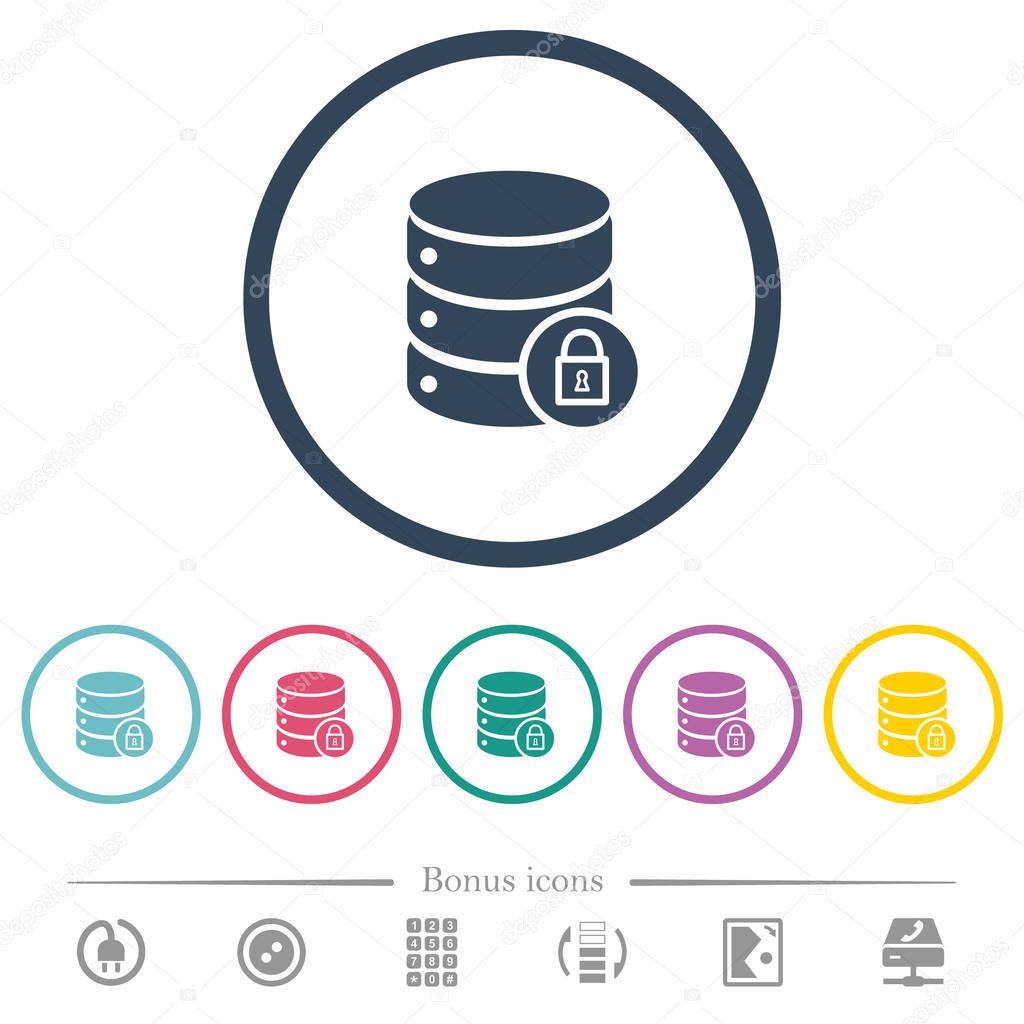 Database lock flat color icons in round outlines