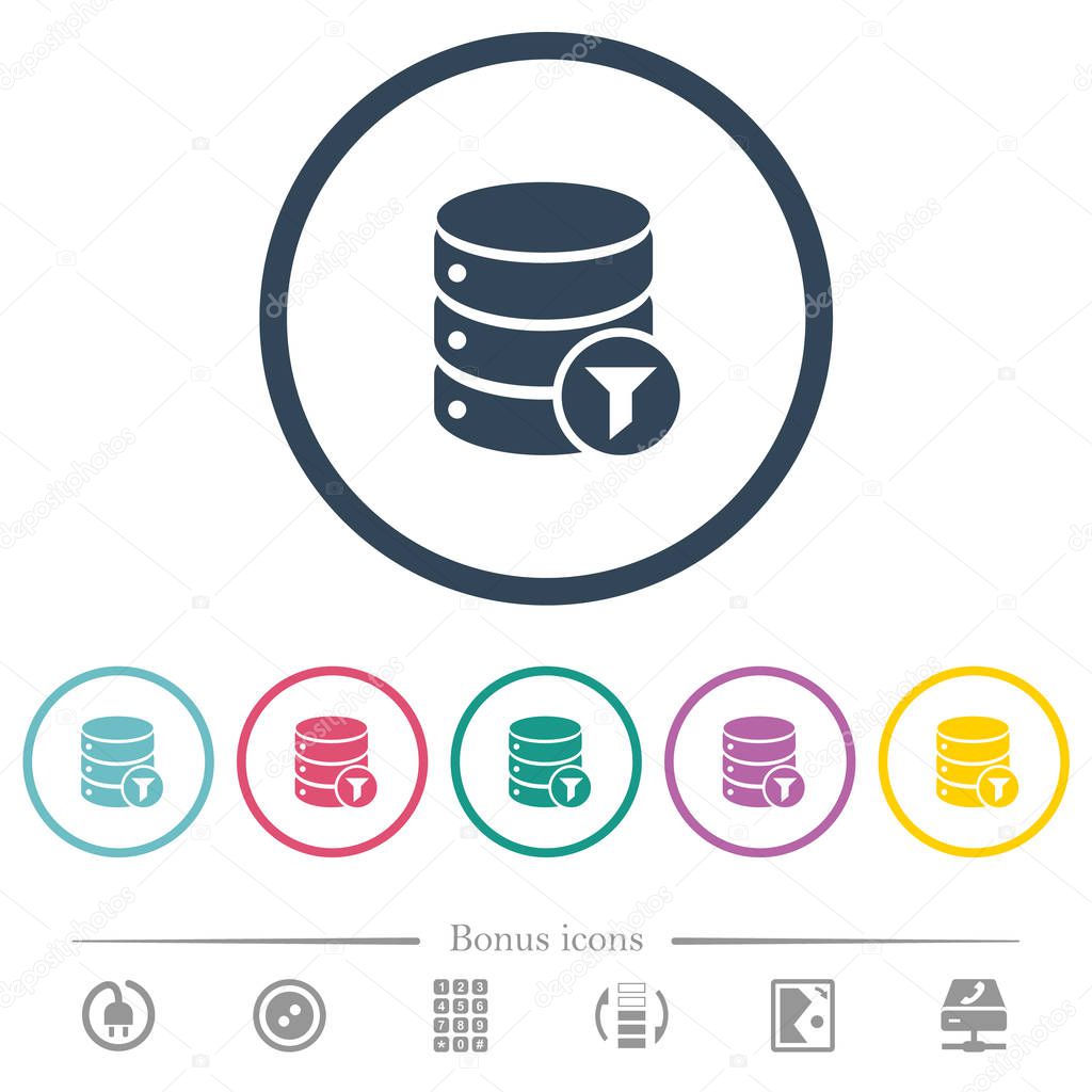 Database filter flat color icons in round outlines
