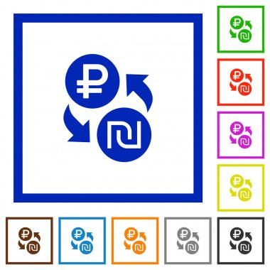 Ruble Shekel para değişimi düz çerçeveli simgeler