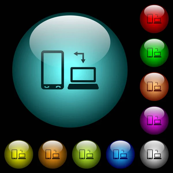 Sincronizar móvel com ícones de computador em botões de vidro iluminado a cores —  Vetores de Stock