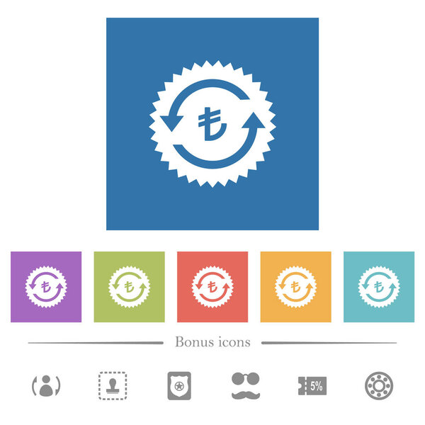 Lira pay back guarantee sticker flat white icons in square backgrounds