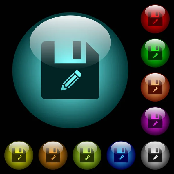 Editar ícones de arquivo em botões de vidro iluminado a cores — Vetor de Stock