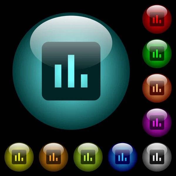 Ícones de gráfico em botões de vidro iluminado a cores — Vetor de Stock