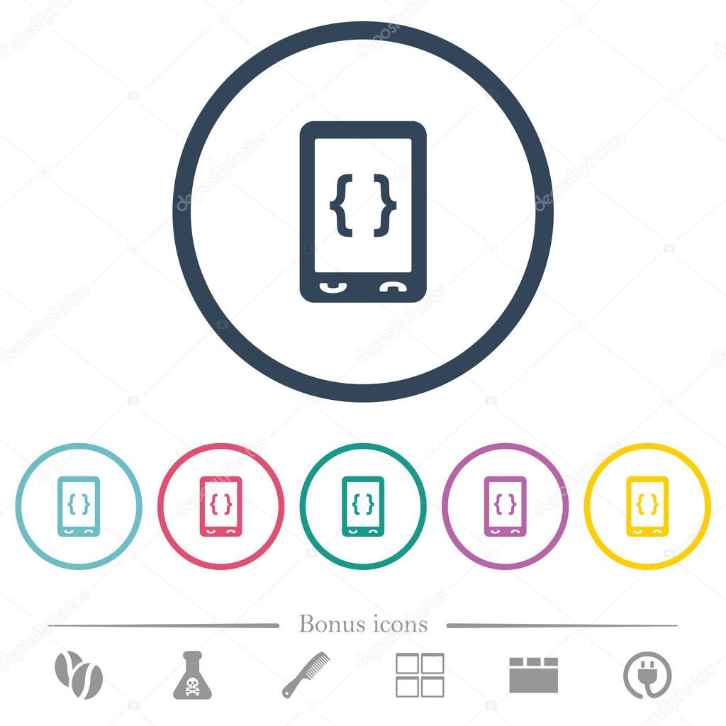 Mobile software development flat color icons in round outlines