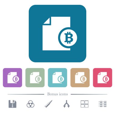 Renkli yuvarlak kare arka planlar üzerinde Bitcoin finansal raporu düz simgeler