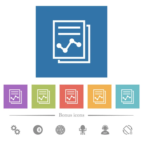 Informe con el gráfico de iconos blancos planos en fondos cuadrados — Archivo Imágenes Vectoriales