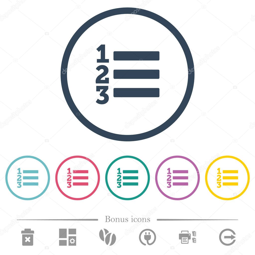 Ordered list flat color icons in round outlines