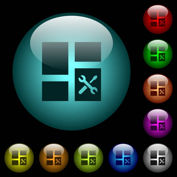 Iconos de herramientas del tablero de instrumentos en botones de vidrio iluminados a color — Vector de stock
