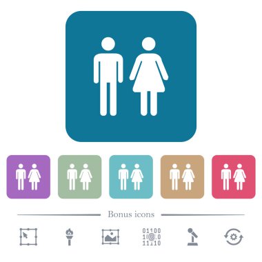 Male and female sign flat icons on color rounded square backgrounds clipart