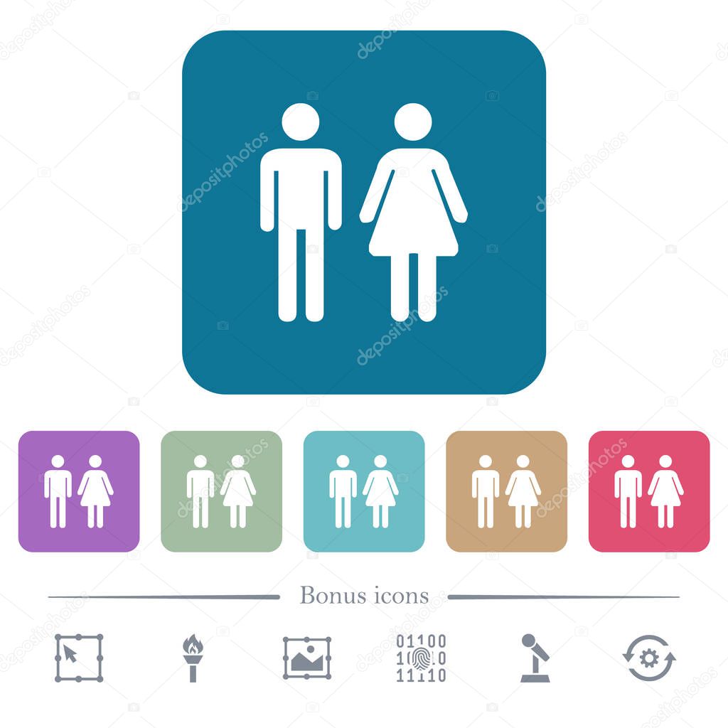 Male and female sign flat icons on color rounded square backgrounds