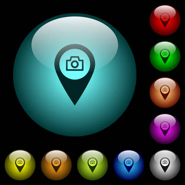 Iconos de instantáneas de ubicación del mapa GPS en botones de vidrio iluminados a color — Archivo Imágenes Vectoriales