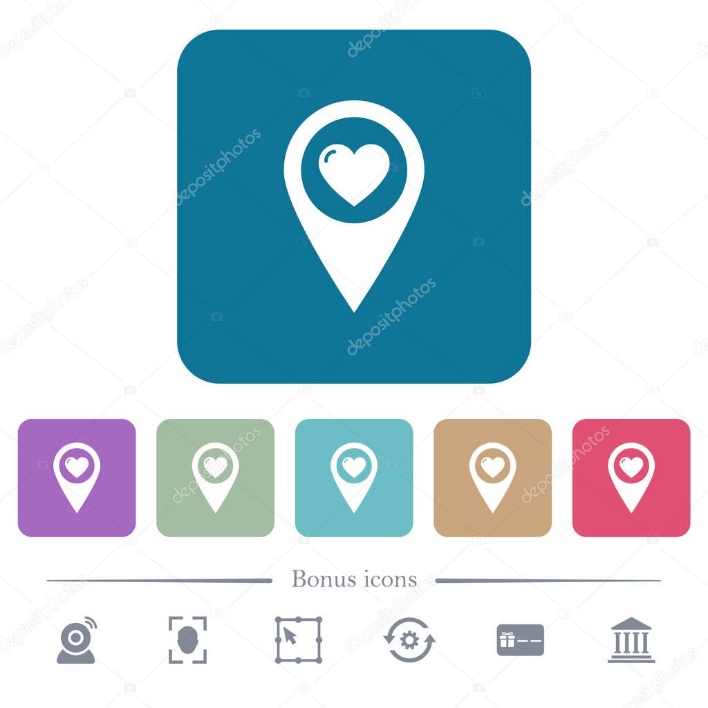 Favorite GPS map location flat icons on color rounded square backgrounds