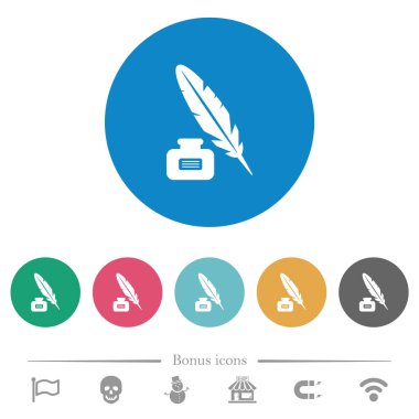 Etiket düz yuvarlak simgeleri ile tüy ve mürekkep şişesi