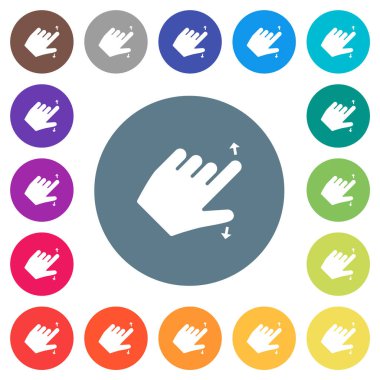 Yuvarlak renkli arka planlar üzerinde sol el çimdik açık jest düz beyaz simgeler