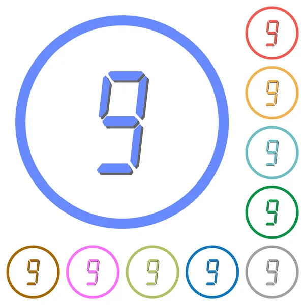 Digital número nueve de siete iconos de tipo segmento con sombras y contornos — Archivo Imágenes Vectoriales