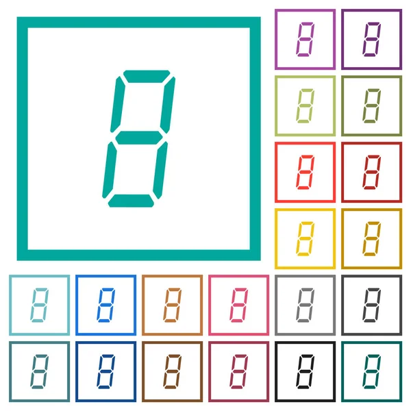 Número digital oito de sete ícones de cor plana tipo segmento com quadros quadrantes — Vetor de Stock