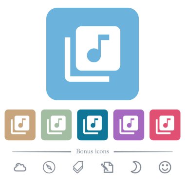 Renkli yuvarlak kare arka planlar üzerinde müzik kitaplığı düz simgeler