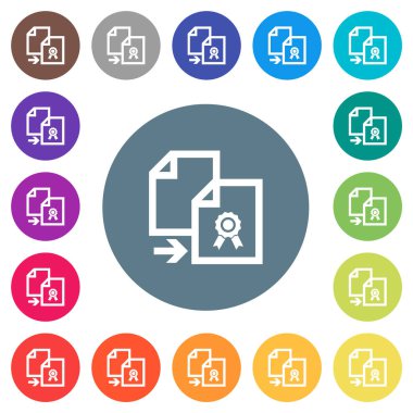 Sertifika düz beyaz simgeleri yuvarlak renk arkaplanında kopyala