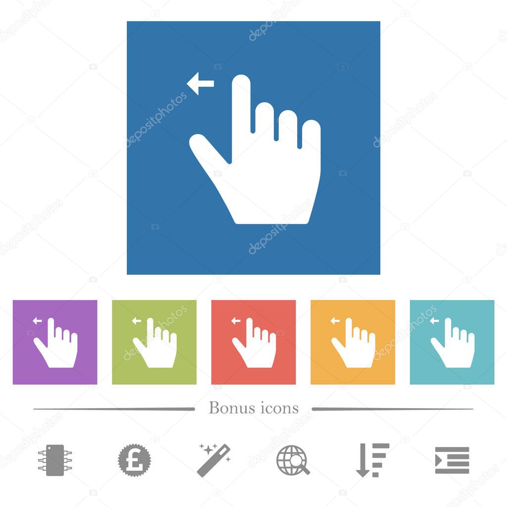 Right handed move left gesture flat white icons in square backgrounds