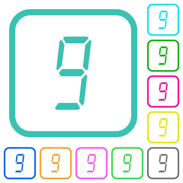 Cyfrowy numer dziewięć z siedmiu segmentów typu żywe kolorowe płaskie ikony — Wektor stockowy
