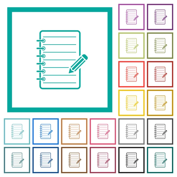 Bloc-notes spirale avec crayon couleur plate icônes avec cadres quadrant — Image vectorielle