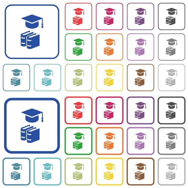 Tapa de graduación con libros esbozados iconos de color plano — Vector de stock