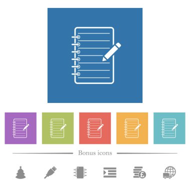 Kare arka planlarda kalem düz beyaz simgeli spiral not defteri