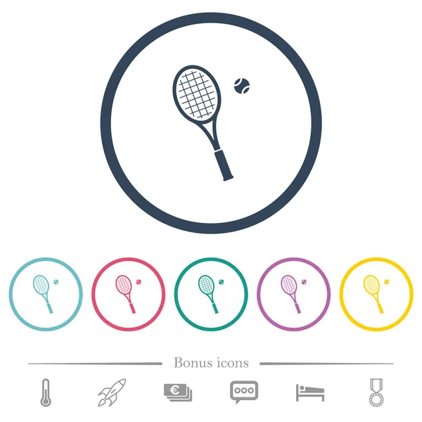 Yuvarlak anahatlarda top düz renk simgeleri ile Tenis raket — Stok Vektör