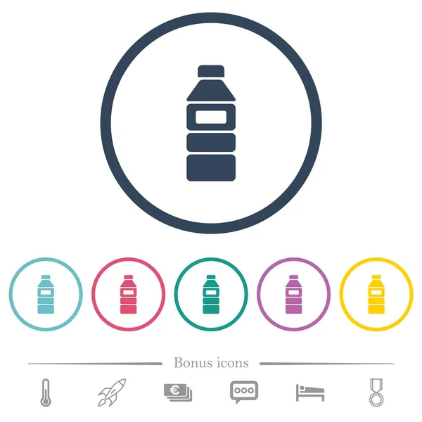 Wasserflasche mit Etikett flache Farbsymbole in runden Umrissen — Stockvektor
