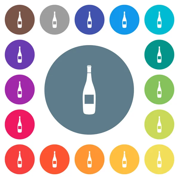 Μπουκάλι κρασί με ετικέτα επίπεδη λευκό εικονίδια σε στρογγυλό χρώμα υπόβαθρα — Διανυσματικό Αρχείο