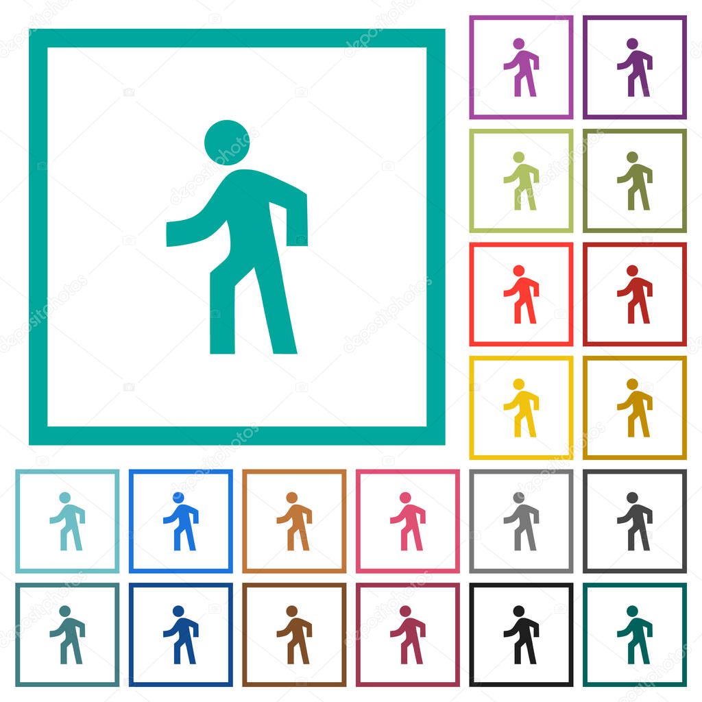 Man walking left flat color icons with quadrant frames