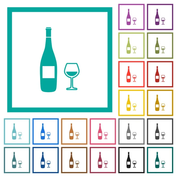 Botella de vino e iconos de vidrio de color plano con marcos cuadrantes — Vector de stock