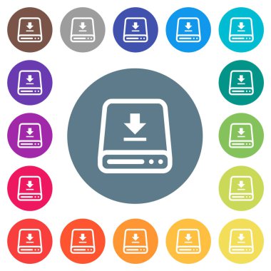 Yuvarlak renkli arka planlar üzerinde sabit disk düz beyaz simgeleri indirin