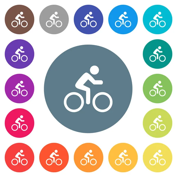Rower z jeźdźcem płaskie białe ikony na okrągłym tle kolor — Wektor stockowy