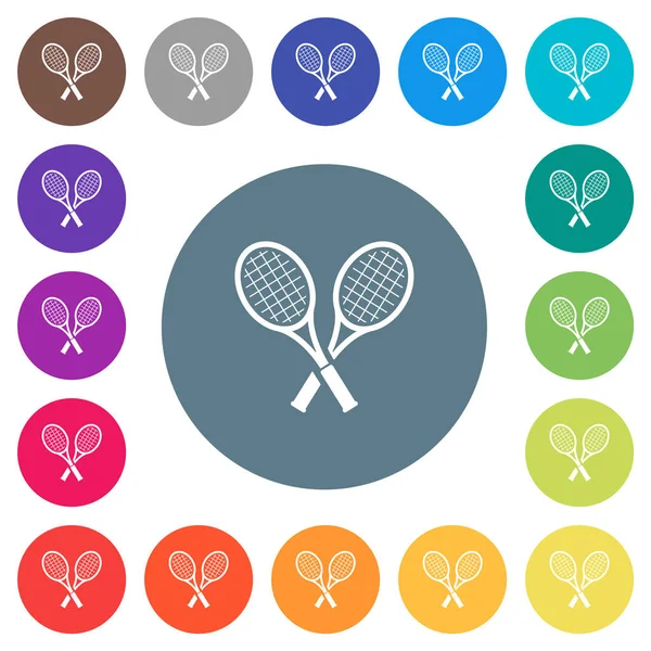 Dos raquetas de tenis planas iconos blancos sobre fondos de color redondo — Vector de stock