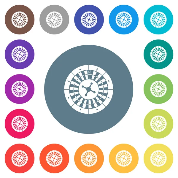 Колесо рулетки плоские белые иконки на круглом фоне цвета — стоковый вектор