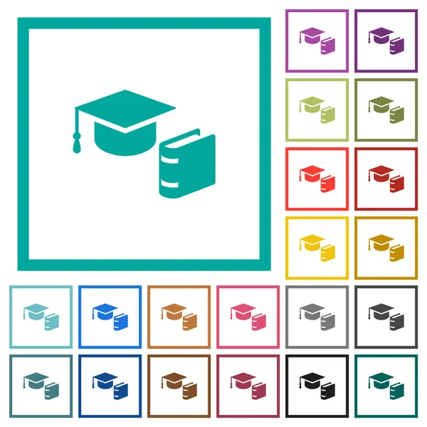 Maturitní čepice s knižními plochými barevnými ikonami s kvadrantovými rámy — Stockový vektor